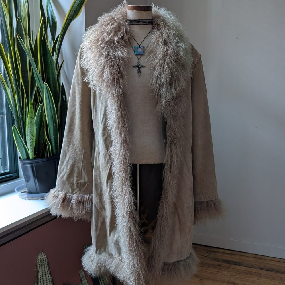 Vintage Tan Suede Penny Lane Jacket Fur Coat Groovy Leather Trench Coat Large